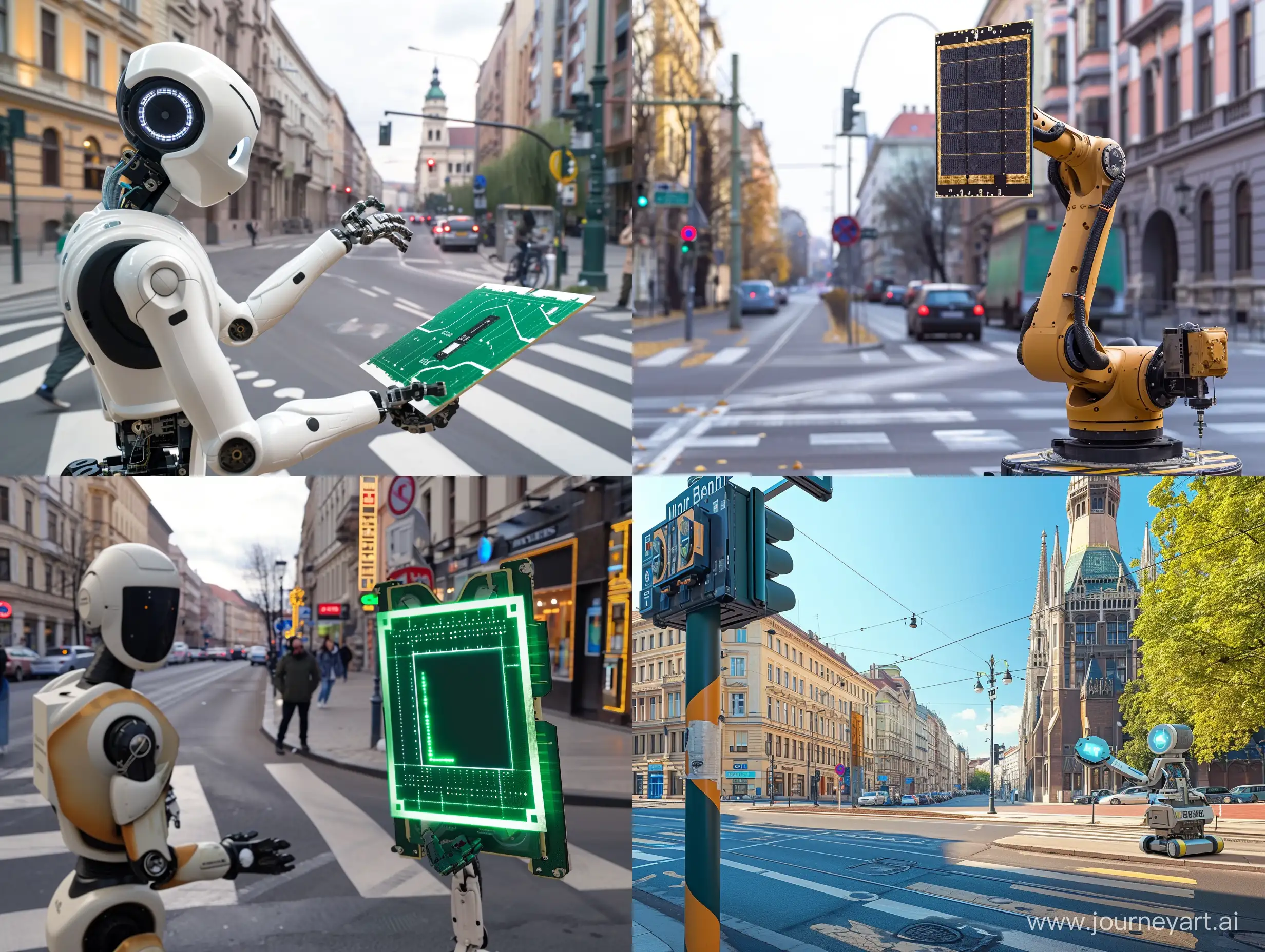 Create an image of an AI-powered system that is integrated into the urban landscape of Budapest, such as a robot inspecting a semiconductor wafer on a street corner or a machine learning system analyzing data from sensors throughout the city.