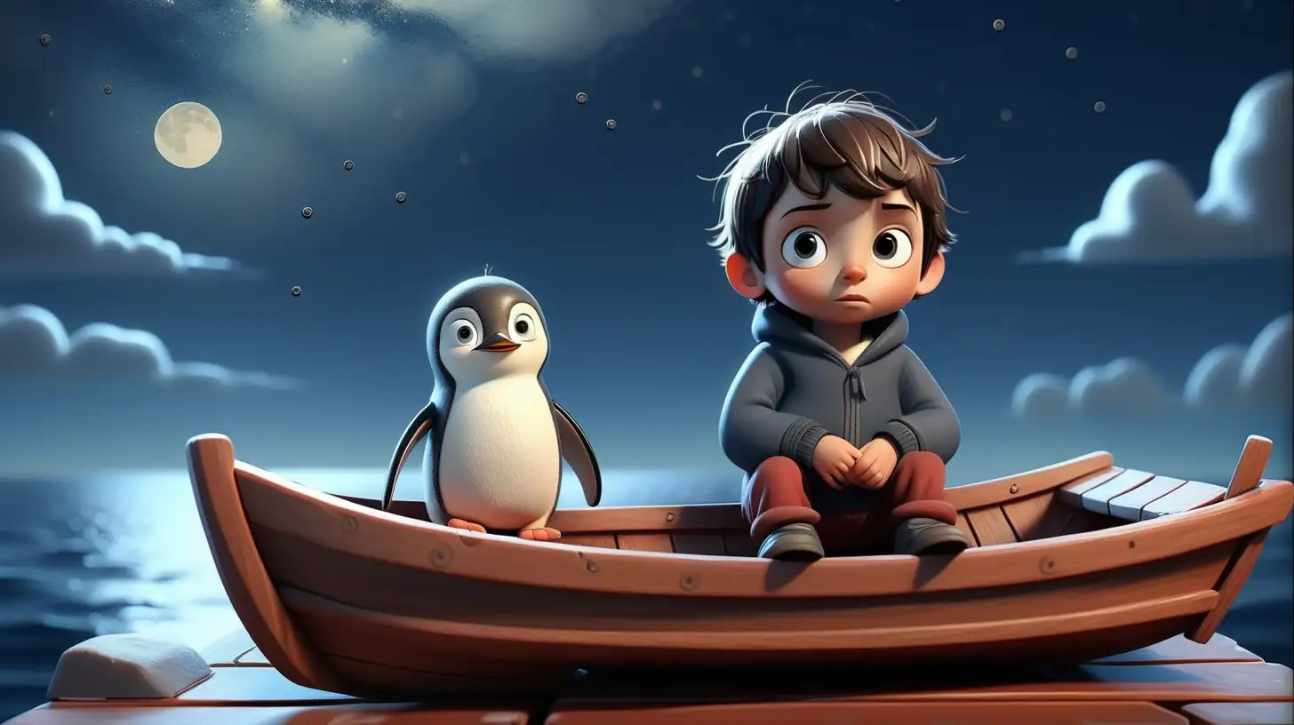 a little boy and a small penguin on a wooden boat, open sea, cold starry night