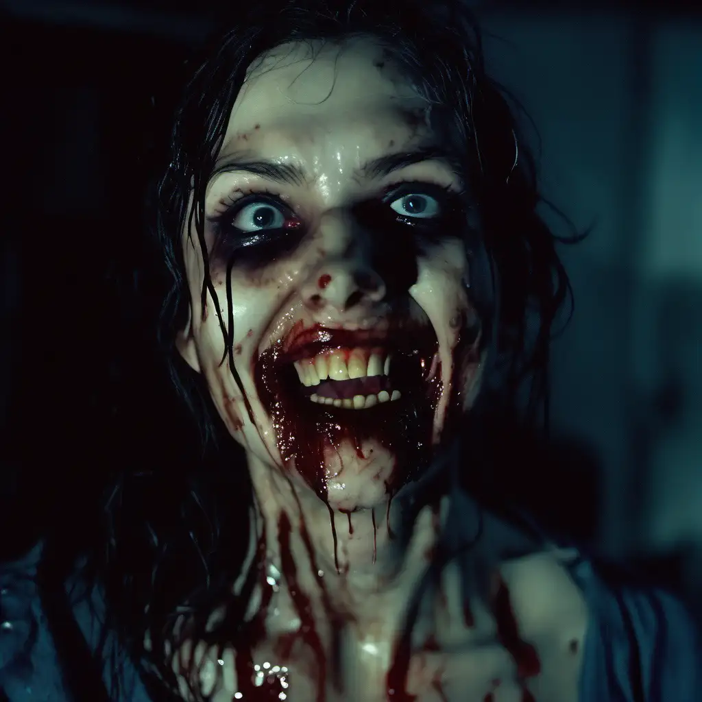 wet skin, blood, realistic photography, more blood, cut throat, absent look, dead eyes,cut mouth, crazy smile, broken, chipped teeth, cut damage on face, razor, demon, Witch, exorcist , eyes without irises, zombie look