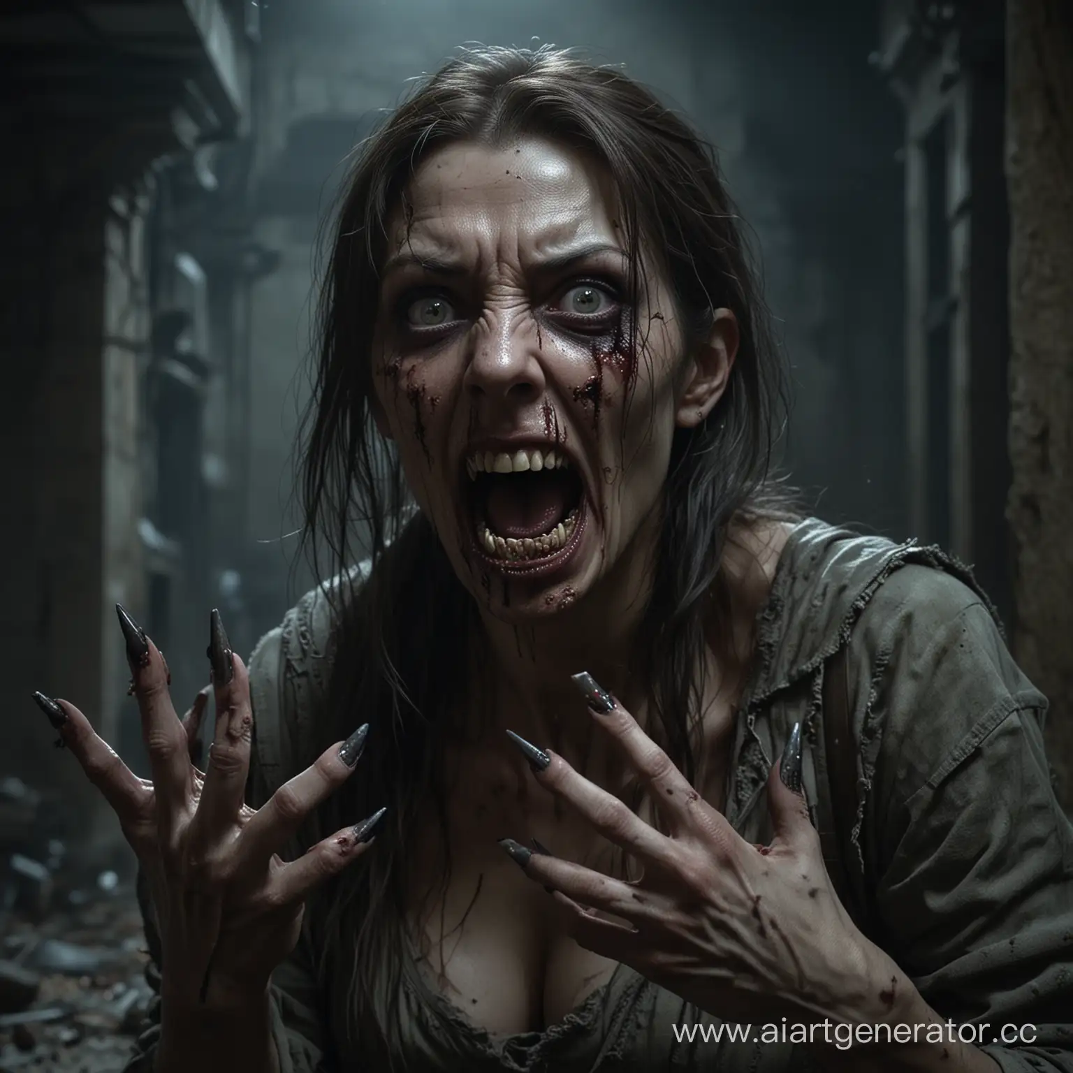 A Terrible zombie woman with long curved pointed nails protruding from her five fingers like menacing claws, she looks like a who has climbed out of the grave, her mouth is threateningly open exposing pointed teeth resembling fangs, The scene takes place at night, in an abandoned building, realistic shaded lighting, photorealism.