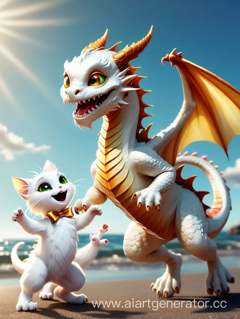 Веселый улыбающийся добрый  реалистичный жиовй дракон с кошачьей мордой летает и танцует с белым котом с бантом. На берегу моря, в солнечном свете.