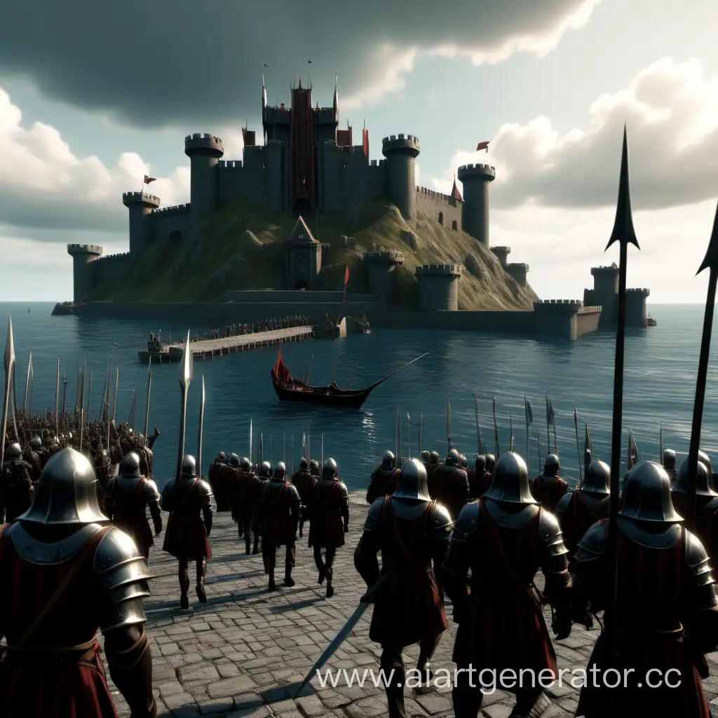 Порт, вдали виднеется замок, группа подходит к стражнику с алебардой в порту