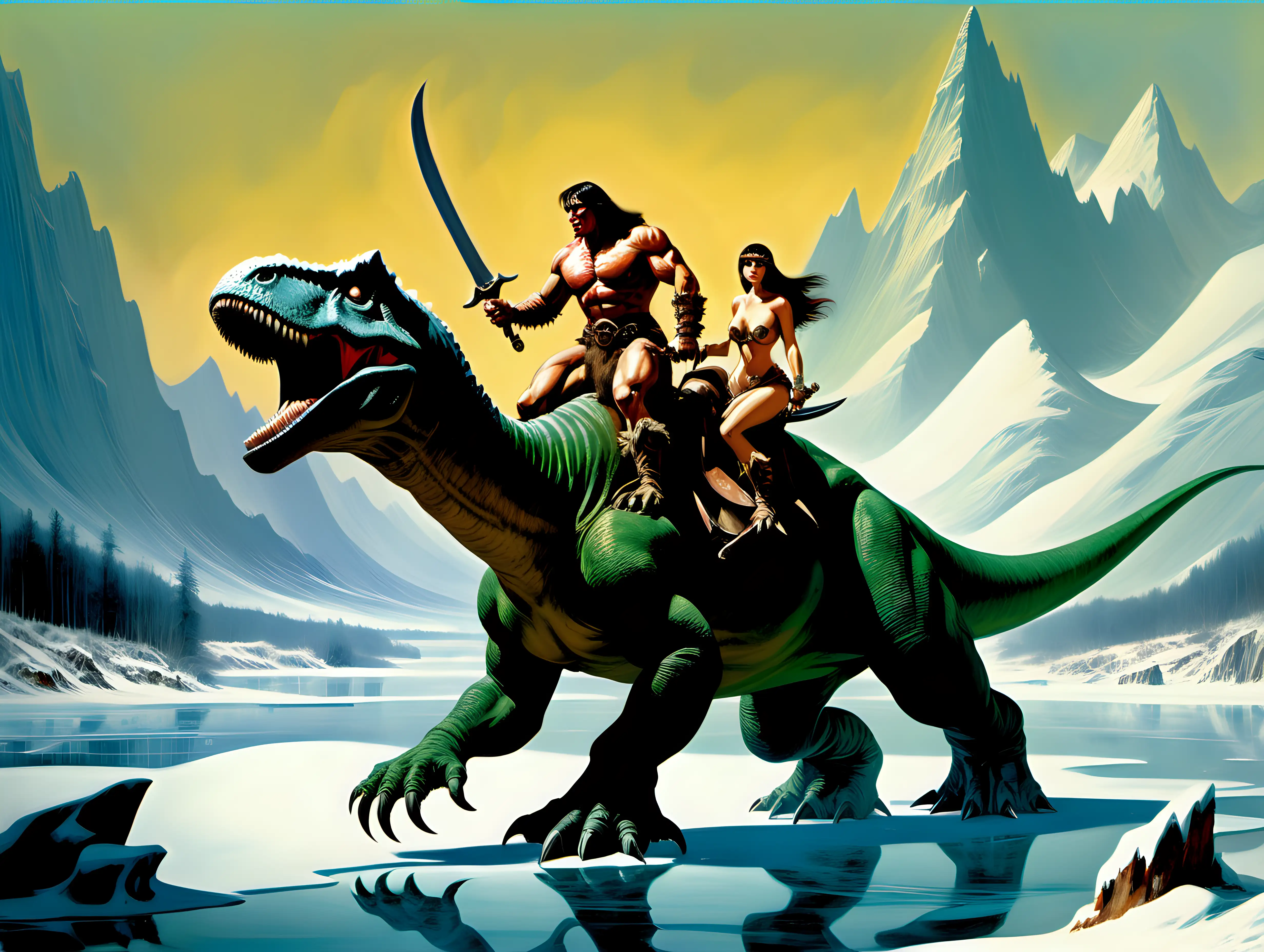 Barbarian Warrior Mounted on Dinosaur in Frozen Mountainous Terrain