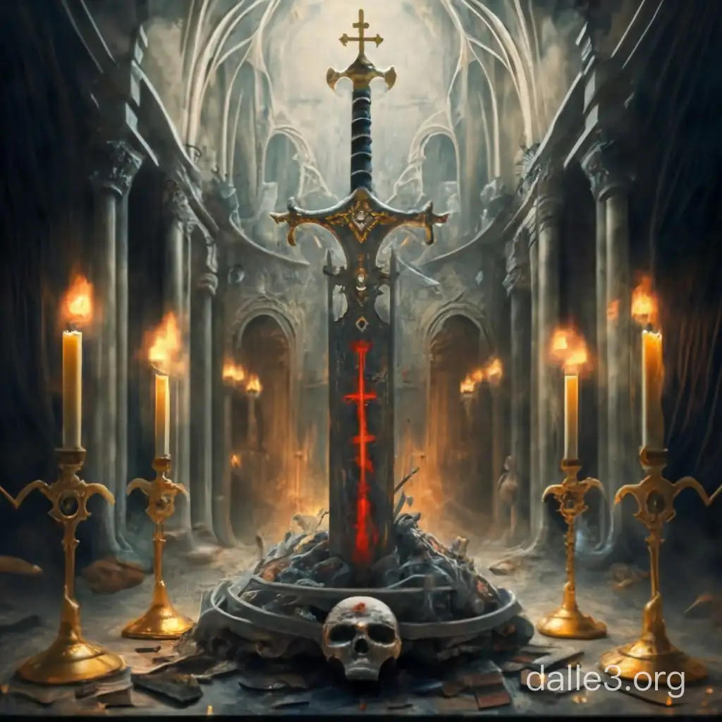 magical sword stuck in an altar emitting a holy light in a church of satan with all crosses turned upside down