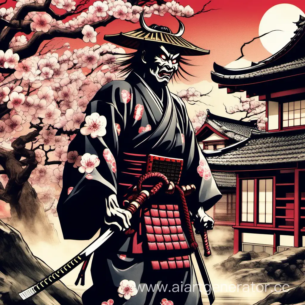 японский самурай в которого вселился демон а на заднем фоне японский дом и сакура