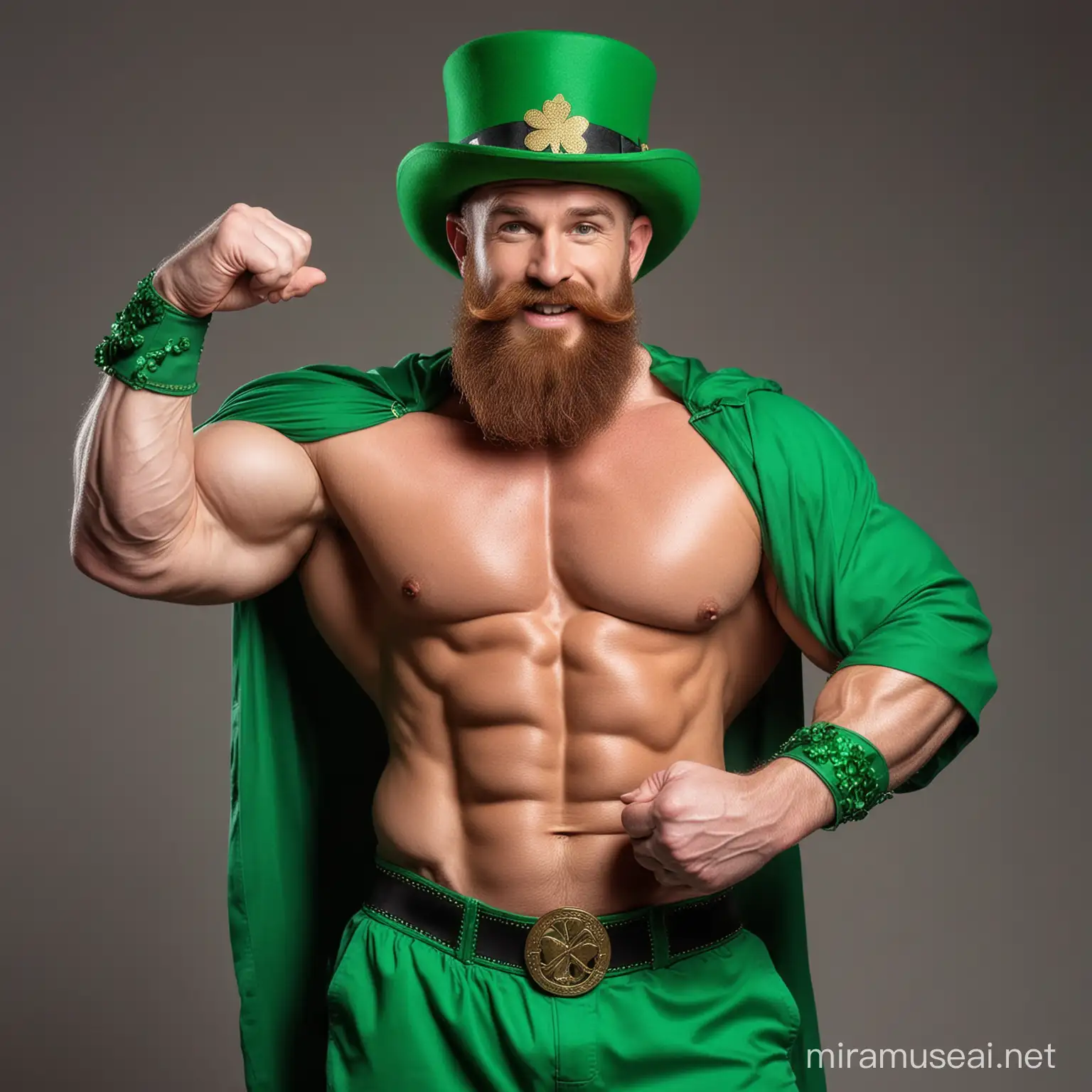 Topless Beefy IFBB Bodybuilder Beard Leprechaun wearing unbuttoned Irish Green Attire Outfit Holding Irish Shamrocks, Tall Green Hat and Flexing his Big Strong Arm