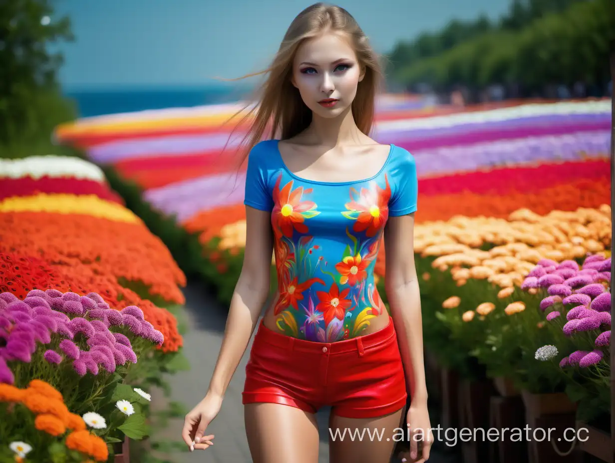 Русская красавица, body paint макияж, море цветов и яркие краски, Цветочная распашонка, шорты в обтяжку красные , стройная фигура.