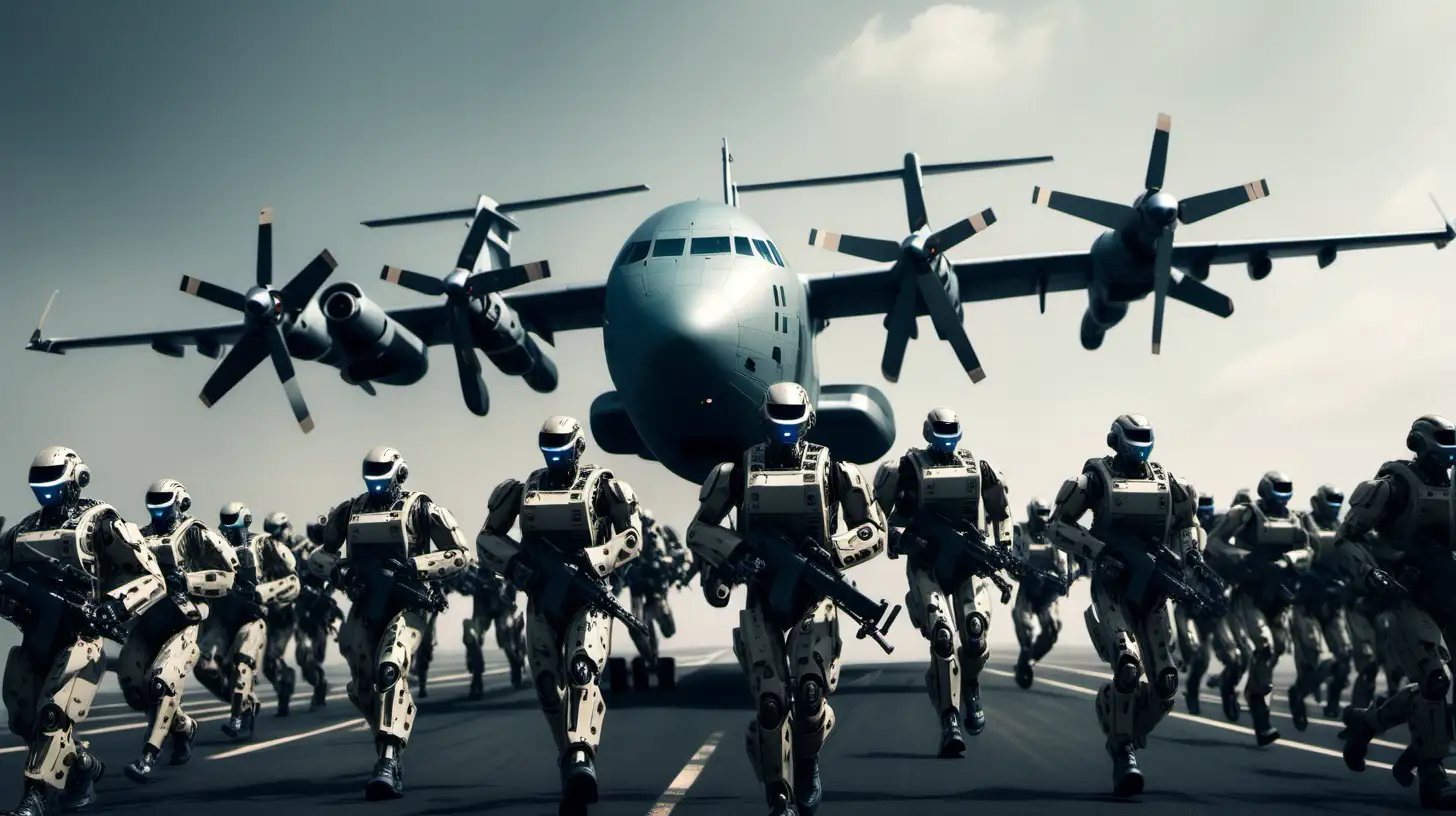 a millitary plane carrying ROBOT ARMY soldiers at bottom