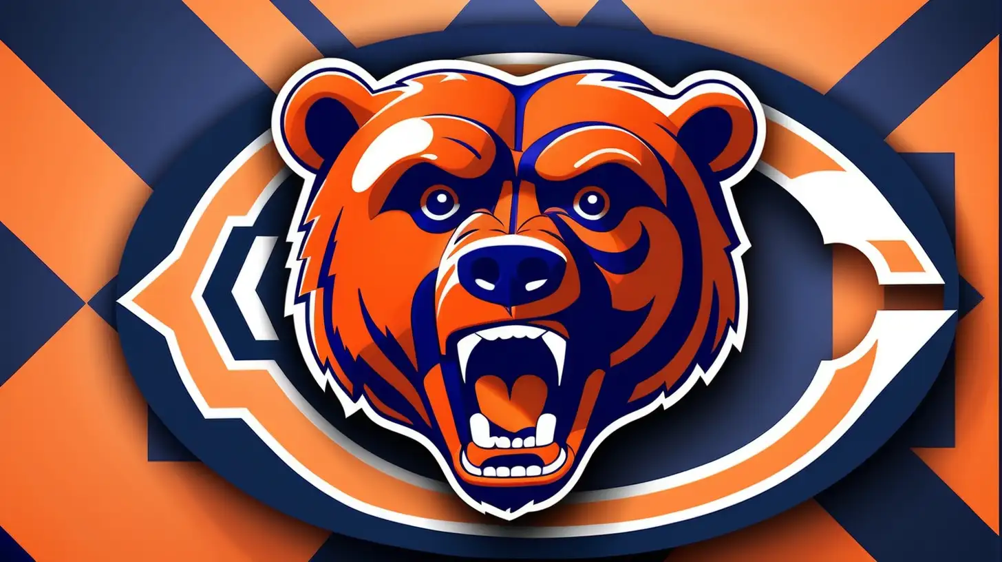 The Chicago bears logo on an orange and navy blue geometric pattern background, extreme detailed digital art, dramatic lighting 