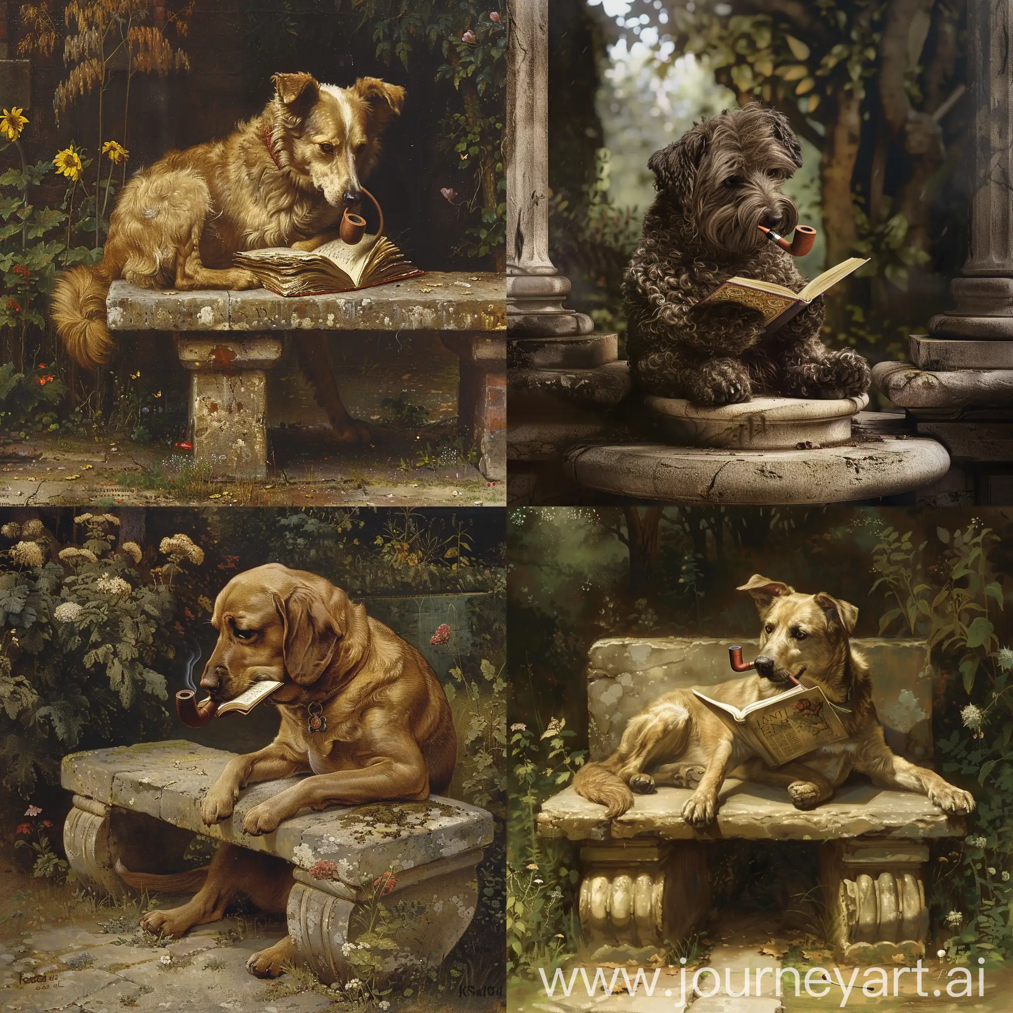 Intelligent-Canine-Relaxing-Dog-Reading-on-Stone-Bench-with-Pipe