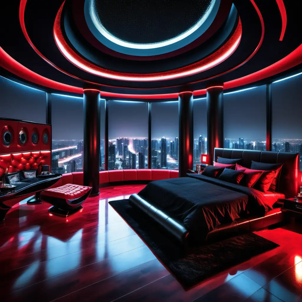  luxurious futuristic penthouse with a gigantic red and black bedroom in a city night