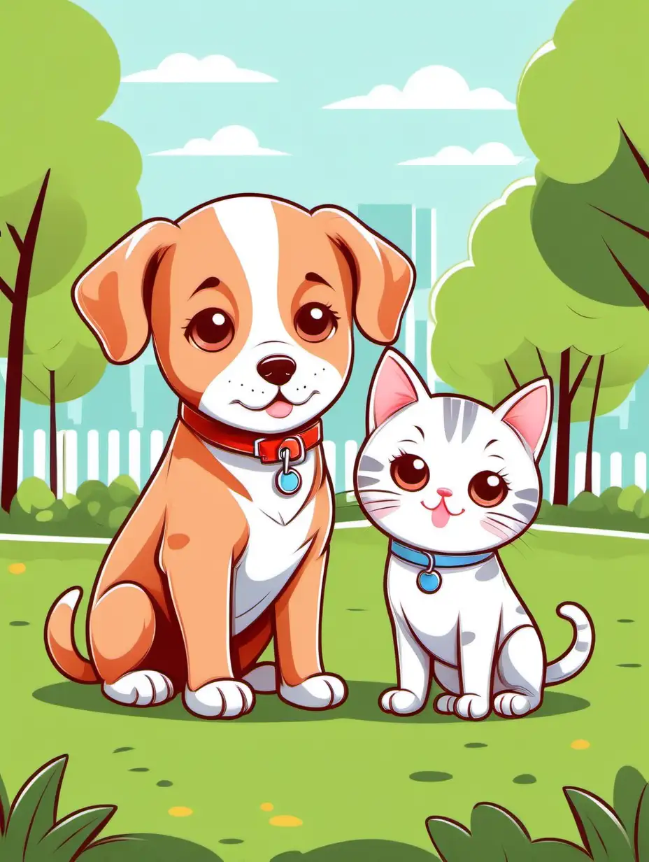 children illustration, cute puppy iand kitten the park, cartoon style thick lines, low detail