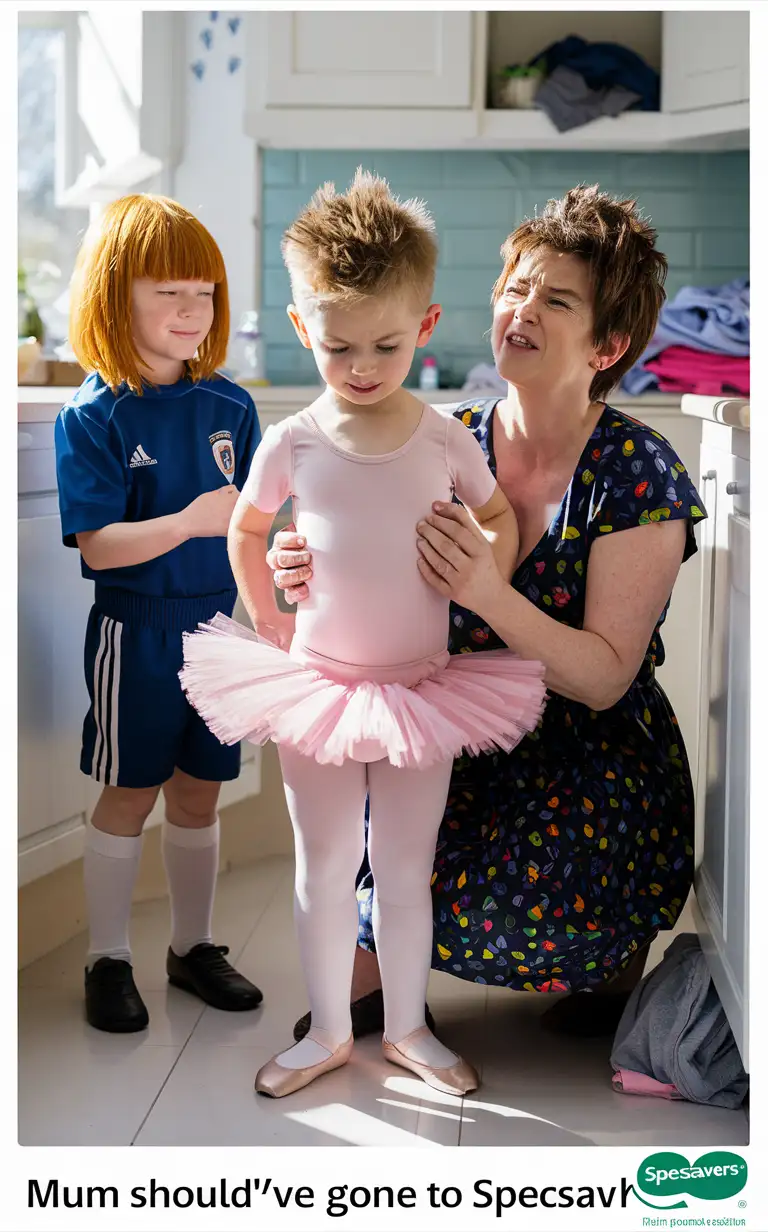 (((Gender role-reversal))), Photograph a cute thin boy age 7 with a cute face and short smart spiky blonde hair being dressed in a pink ballerina leotard and a thick frilly tutu and short frilly pink socks by his mother, standing next to a girl age 8 with long ginger hair in a ponytail in a blue football uniform watching, in a bright kitchen next to a small pile of washing, the boy is looking at his feet, the mother is squinting, adorable, perfect hands, perfect faces, perfect faces, clear faces, perfect eyes, perfect noses, clear eyes, straight noses, smooth skin, real, photograph style, the photograph is captioned “Mum Should’ve gone to SpecSavers!” in a green SpecSavers logo