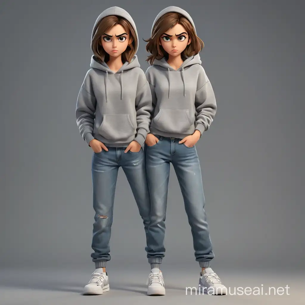 Sad girl in cartoon style in full height, an evil angry arrogant face, hands in the pockets of jeans, full-length, Wearing a grey hoodie, jeans, sneakers, full-body shot, long legs together, bored pose,  full growth, maximum detail, best quality, HD, gorgeous light and shadow, detailed design, 3D quality