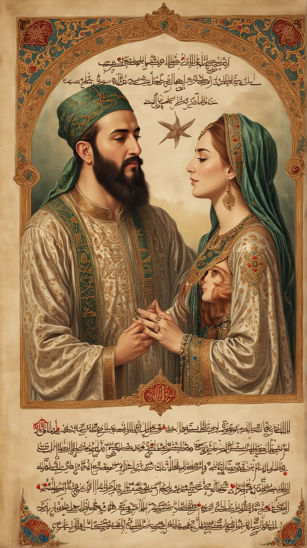 An image showcasing Suleiman reciting poetry to Hurrem, with the words of his verses floating in the air around them, symbolizing the depth of their emotional connection.
