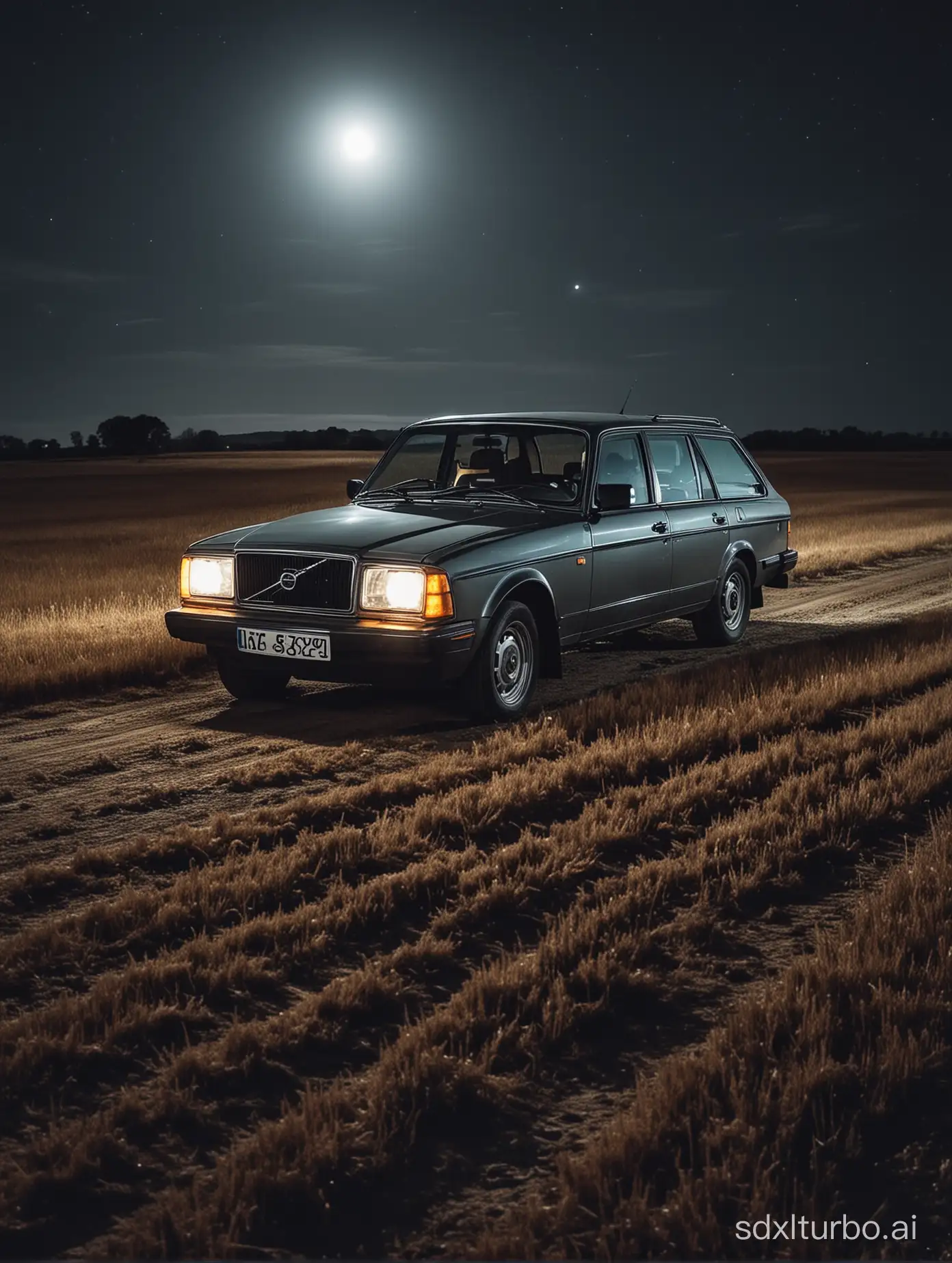 Vintage-Volvo-242-Driving-Through-Moonlit-Field-at-Night