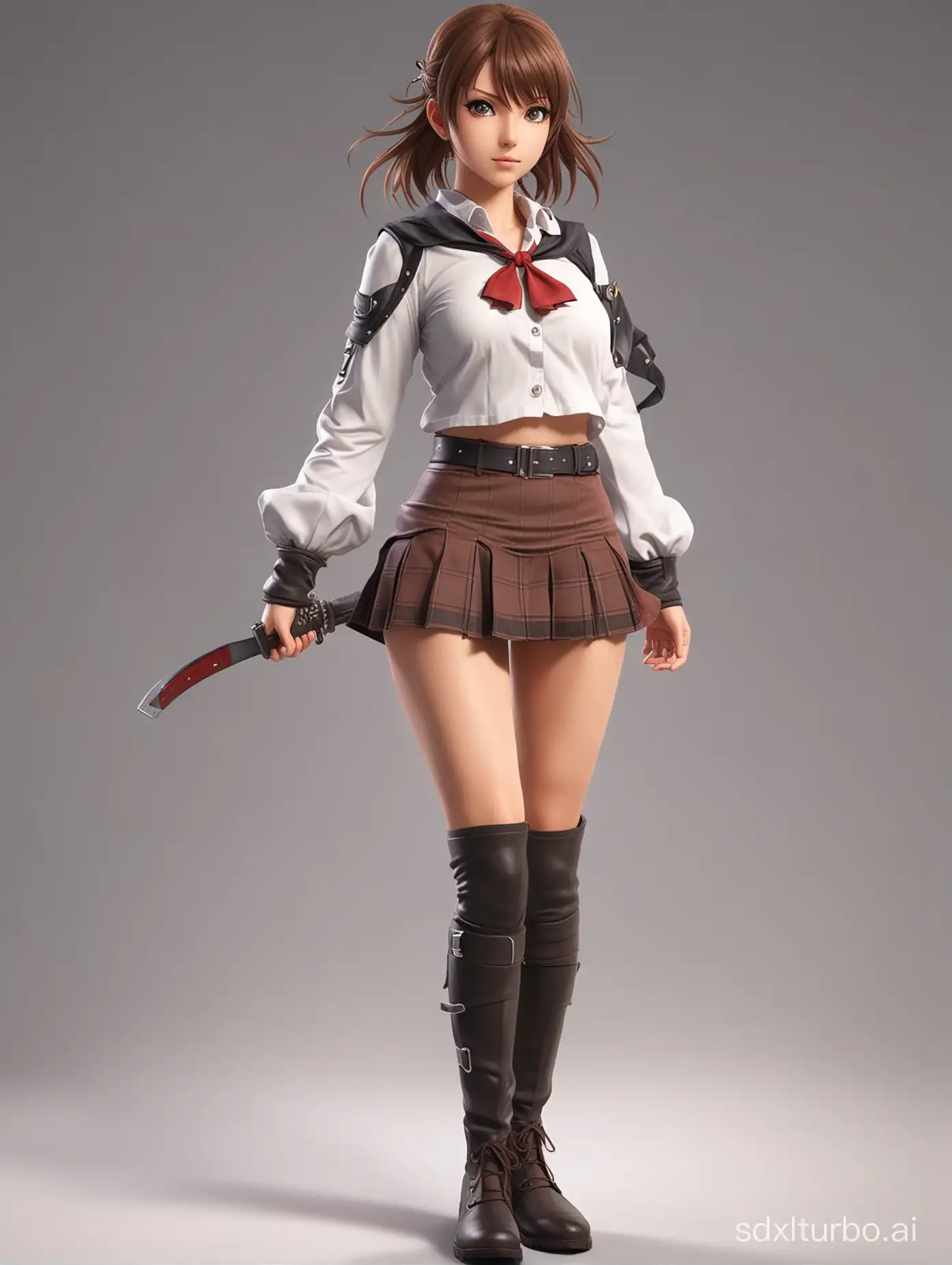 Fierce Determination: Anime Girl Ready for Battle" - Showcasing a rendered anime girl in skirt and boots, full body, in the midst of action.