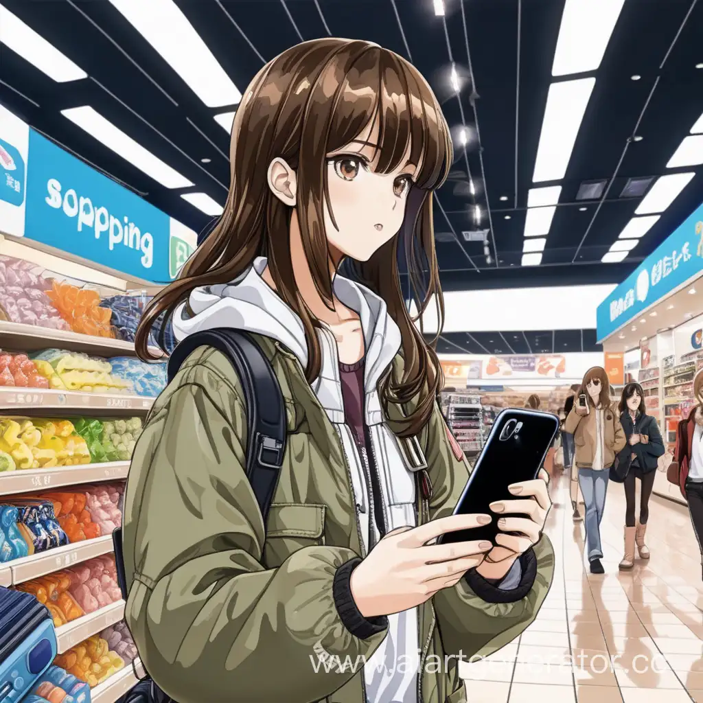 в торговом центре девушка брюнетка с волосами до плеч в болотной куртке с телефоном  в руке аниме