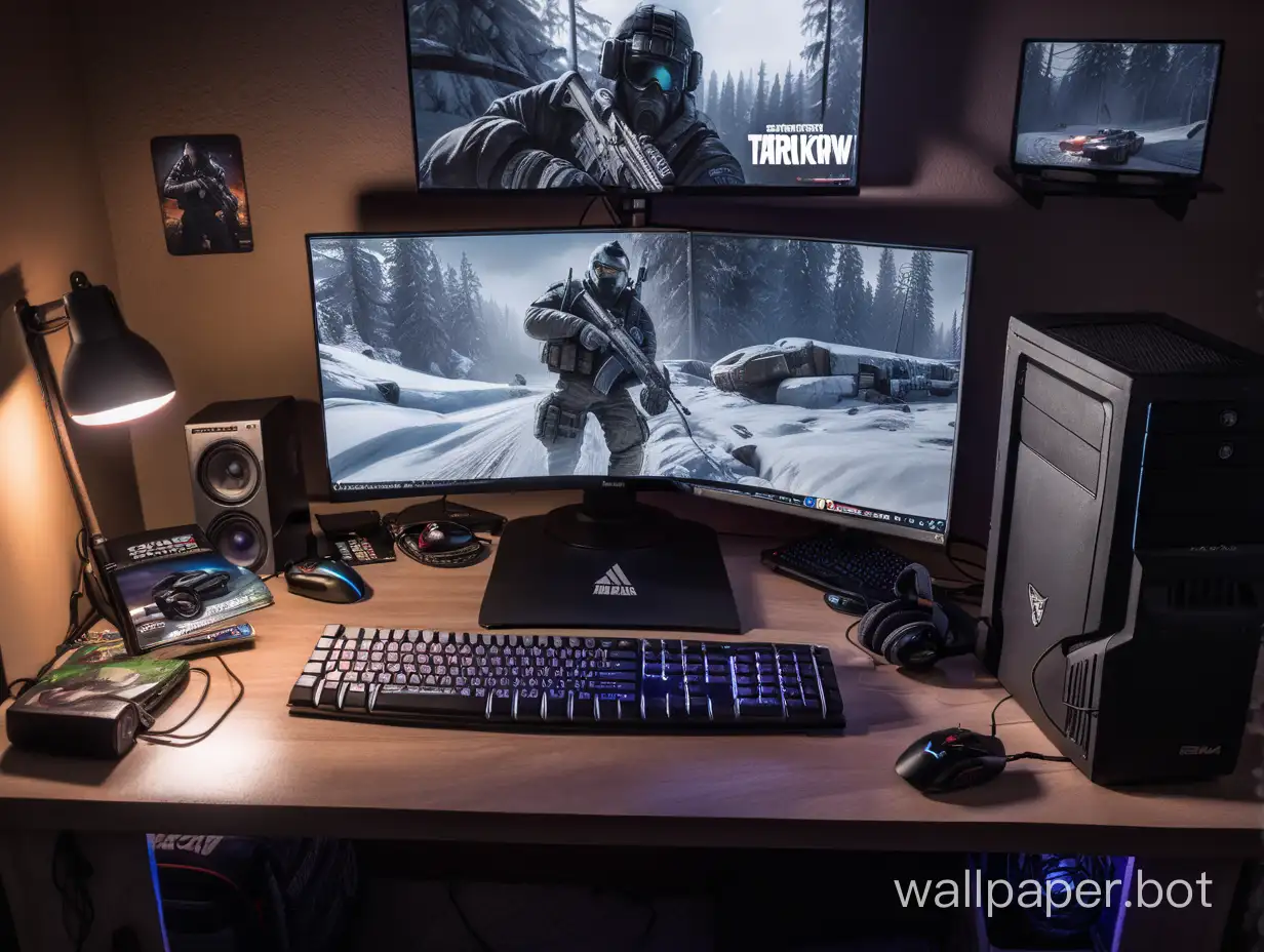 pc-gaming setup, man sleep, pictures on wall, play game, escape from tarkov