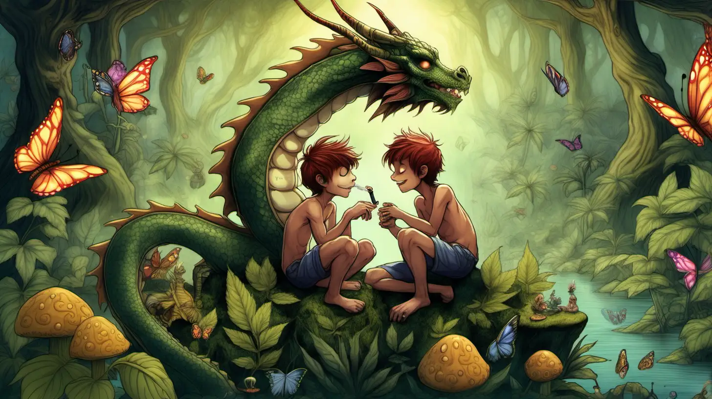 Fantasy Forest Romance Shirtless Dragon Boys Cuddling on Mushroom Cap
