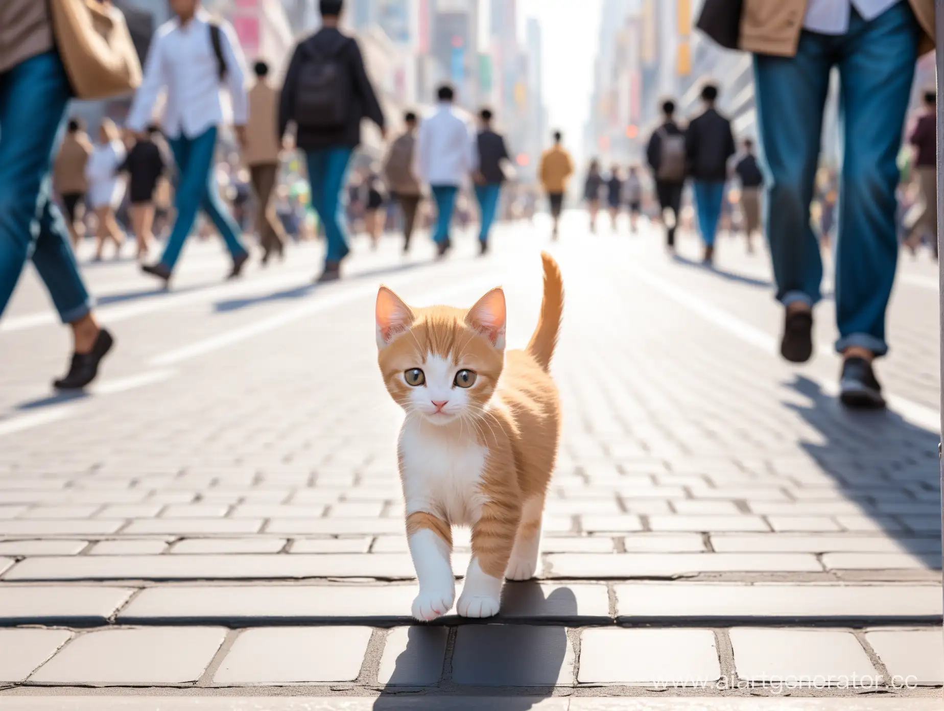     A lonely kitten wandering down a bustling city street, surrounded by busy pedestrians