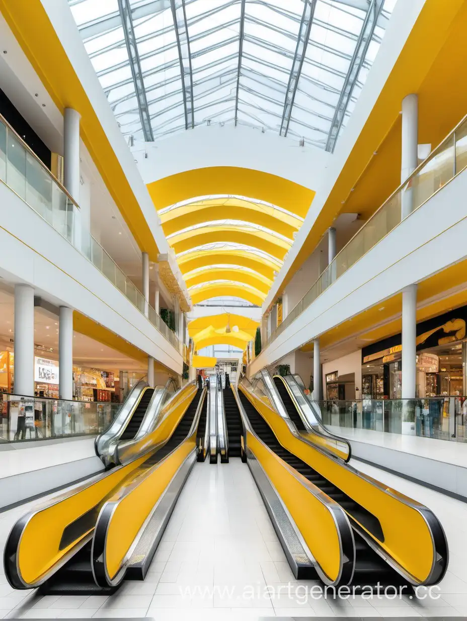 a modern shopping center, a bright, open space with yellow decorative elements, we see an escalator in front of us