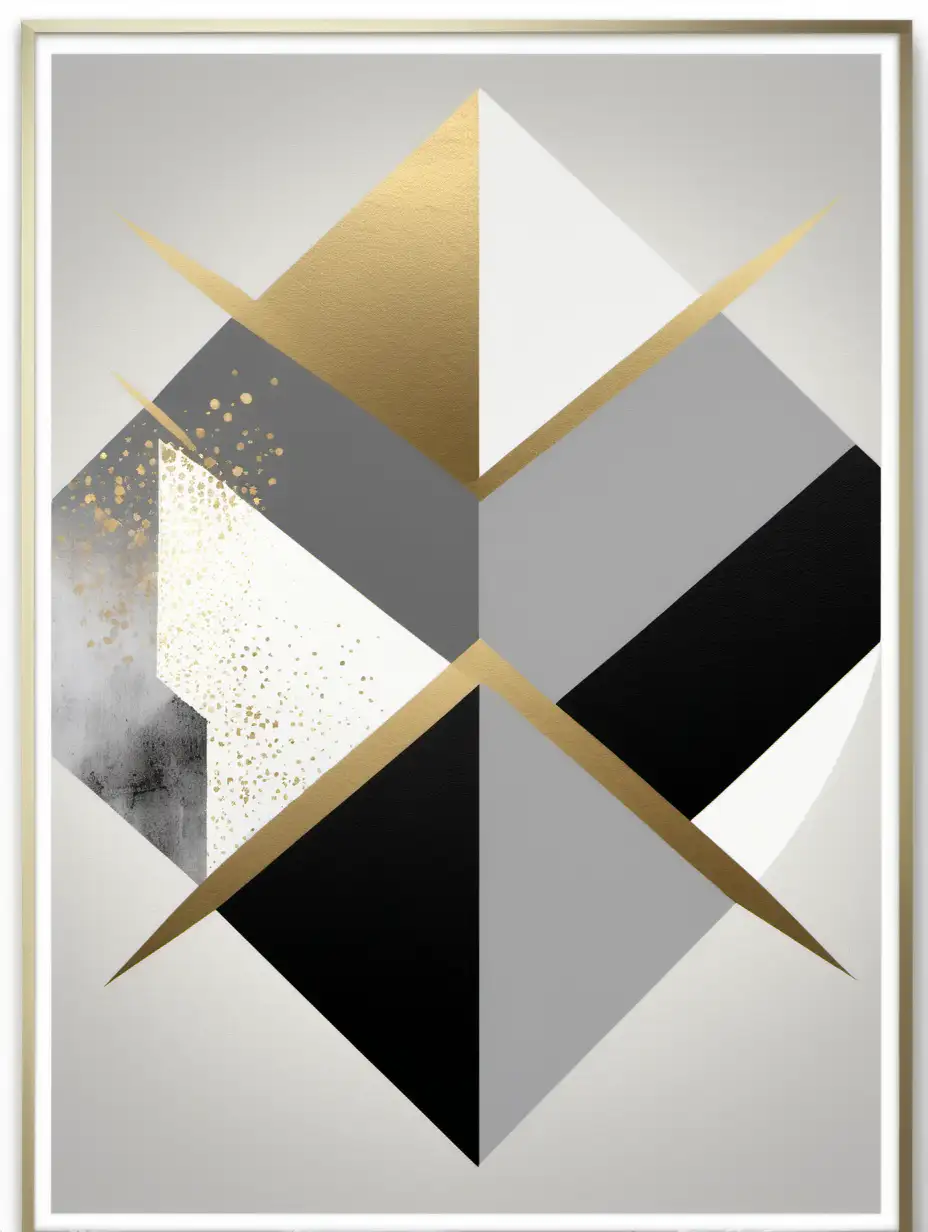 Geometric Abstract Print in Gold Grey and White with Black Accents