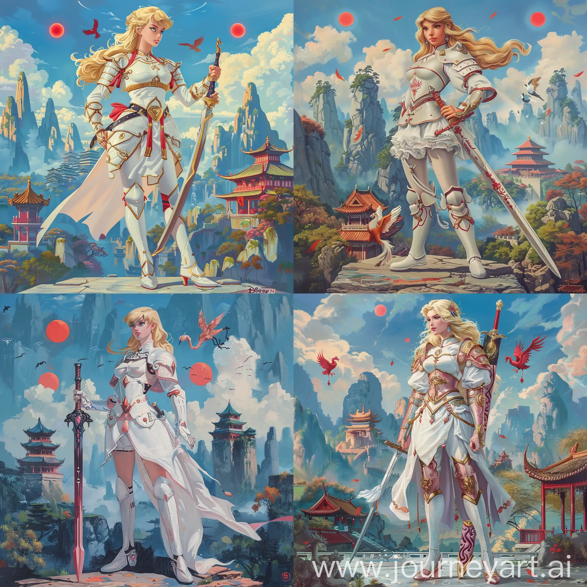 Historic painting style:

a Disney blond French Princess Aurora, she wears white and deep rose color Chinese style medieval armor and boots, she holds a Chinese sword in right hand, 

Chinese Guilin mountains and temple as background, small phoenix and three small red suns in blue sky.