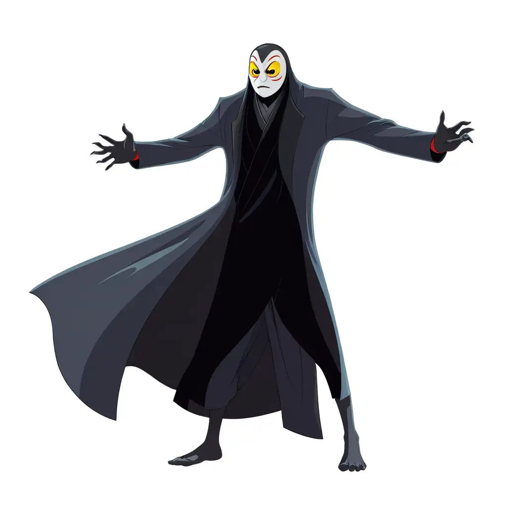 Yokai from Disney. vector art, colored illustration with a black outline. Yokai is wearing a white mask with red markings and yellow eyes. Yokai also wears a black coat.