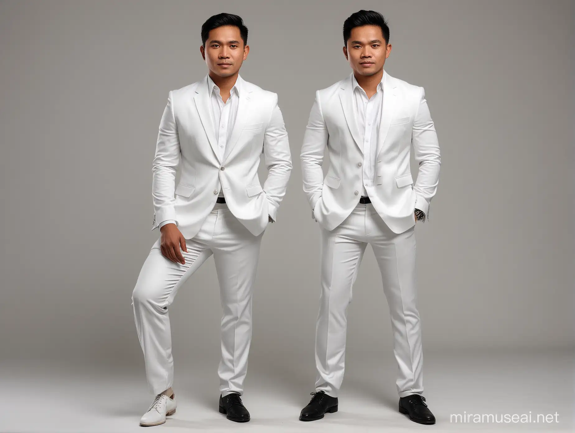dua orang pria indonesia full body, jas putih, kemeja putih, celana hitam, realistik, foto di studio dengan latar belakang polos