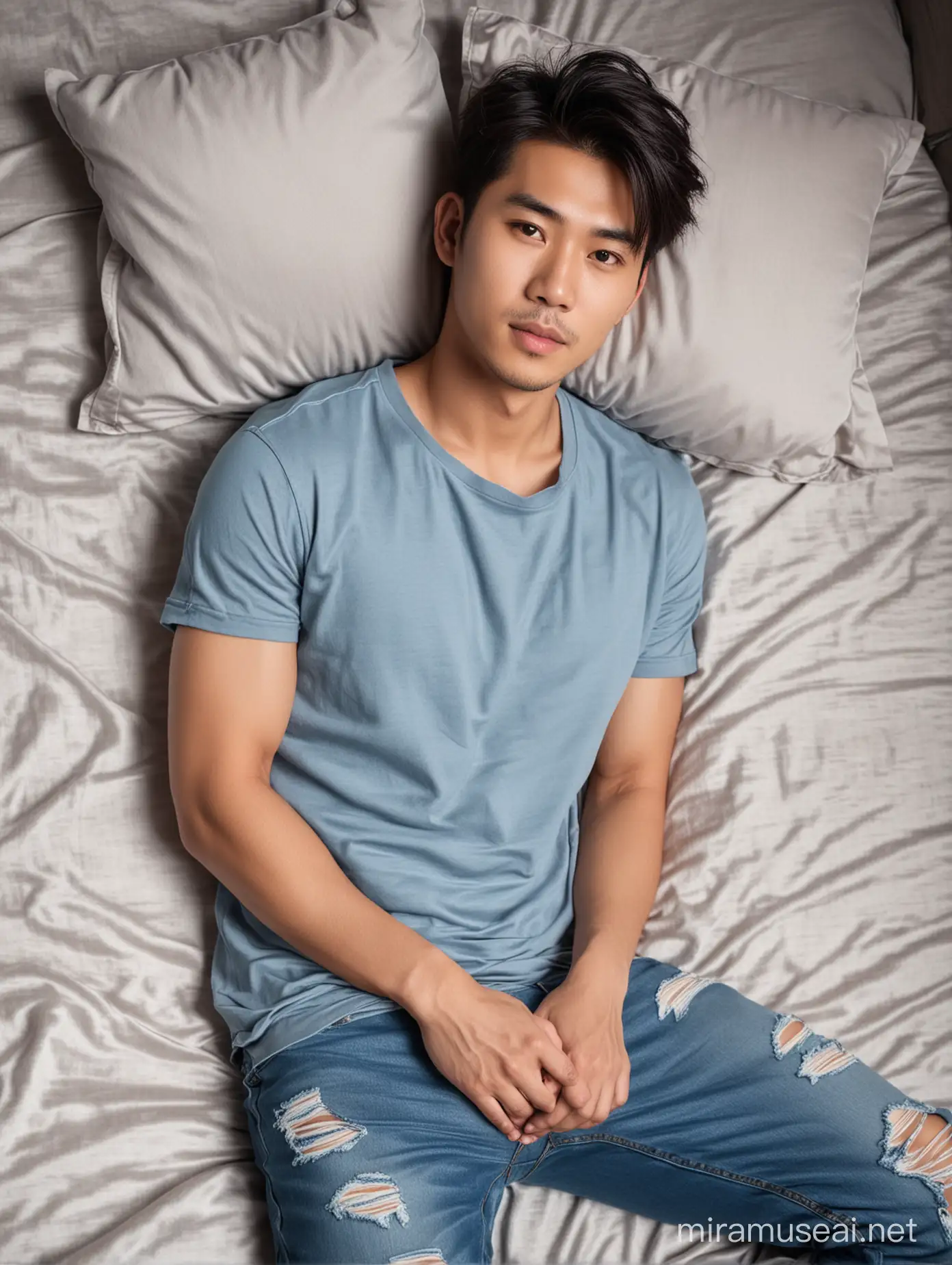 Seductive Asian Man in Blue Grey Tshirt and Ripped Jeans on Satin Bed