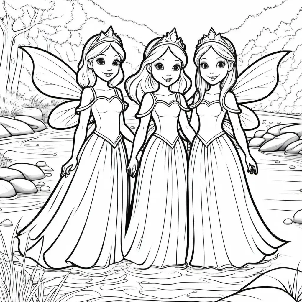 extremely simple, coloring pages for kids, 2 young fairy princesses in front of a river , no background , cartoon style, thick lines, low detail, no shading--ar 9:11--v5