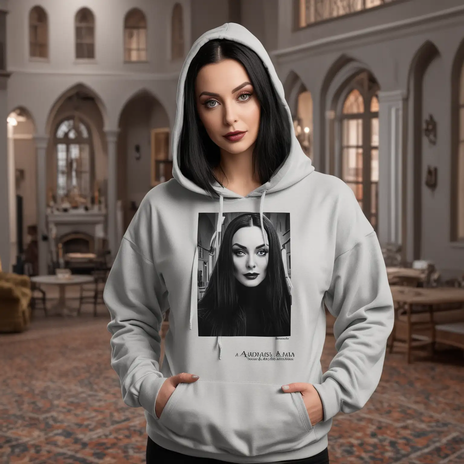 mockup for a grey hoodie.  The model should be female and resemble morticia addams.  the background of the photo should resemble the inside of the addams family house