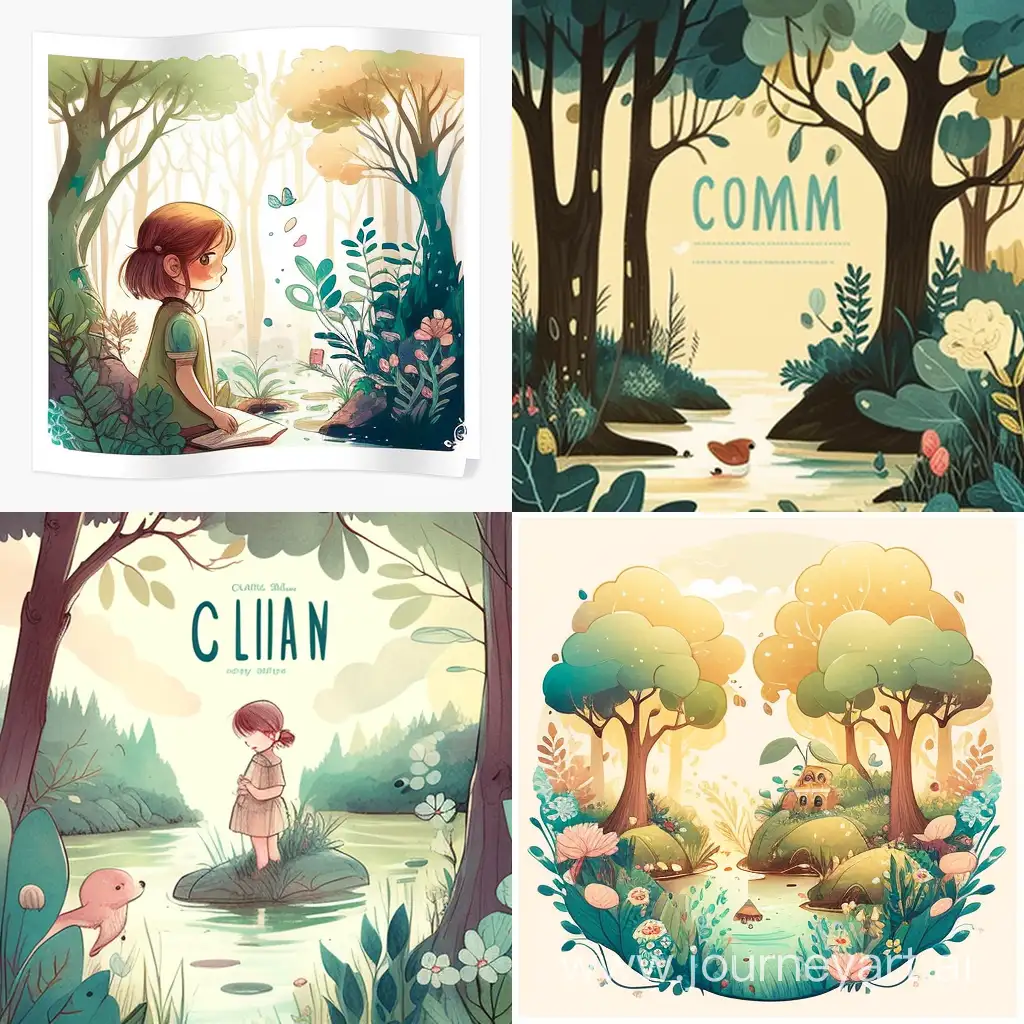 cute [A beautiful forest with tall trees, dense bushes and a clear stream], artistic and delicate children's book illustration, by Caia Koopman, dreamy fantasy, vivid matte palette, watercolors, vector art, 8K UHD --v 4