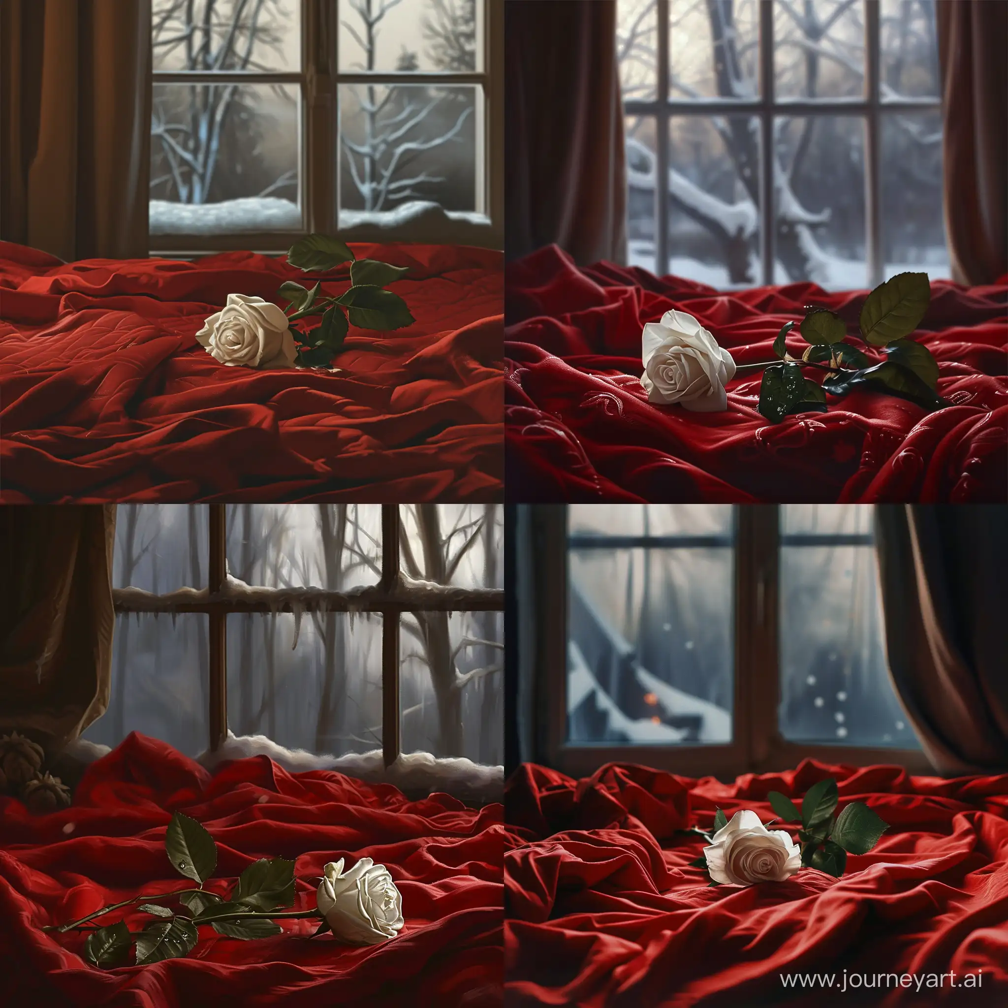 Romantic-Winter-Night-White-Rose-on-a-Rumpled-Bed