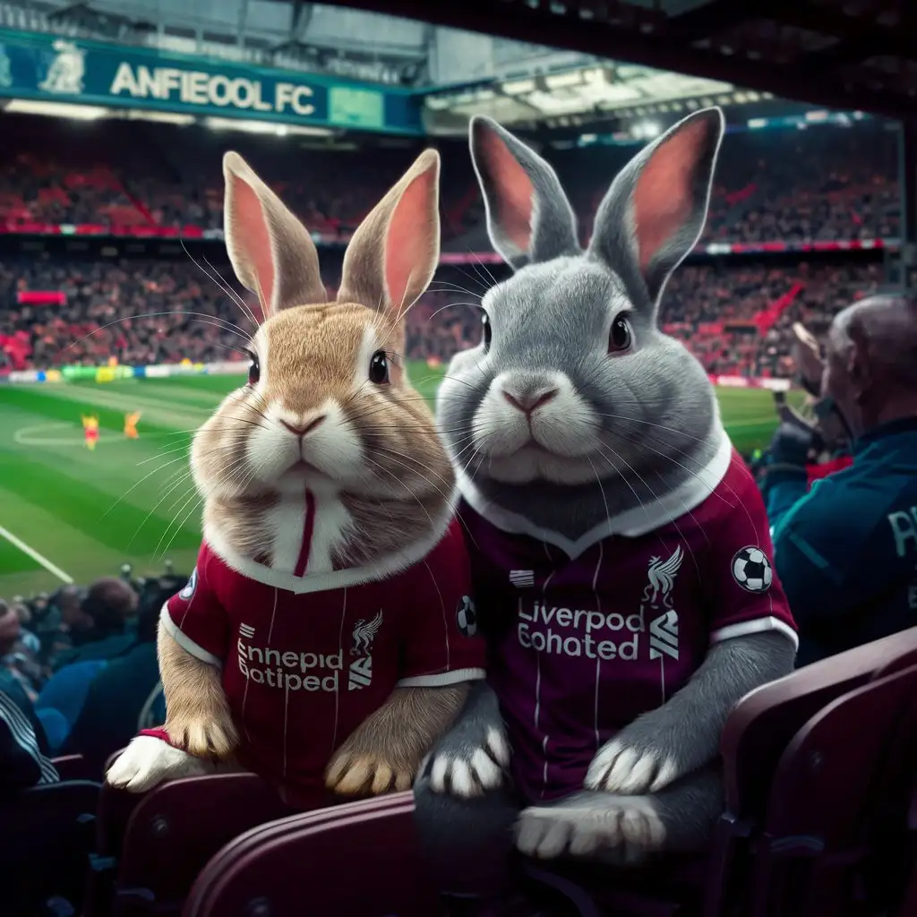Two ((((rabbits))) with striking contrast, one sporting a prominent (((white stripe down its chin))) and a slightly larger gray companion, intrigued by the action unfolding within the Anfield Football Stadium during a match of the renowned Liverpool FC