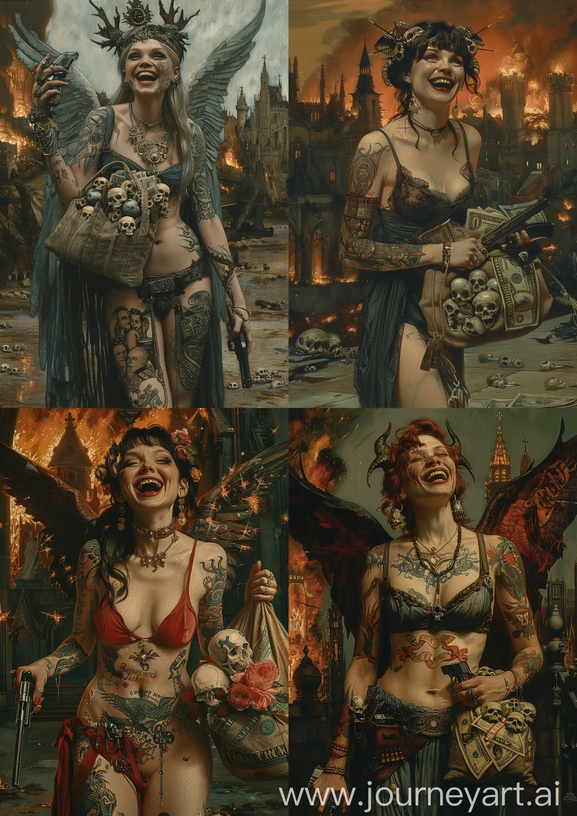 Tattooed-Female-Angel-Warrior-Amidst-Flames-with-Treasure