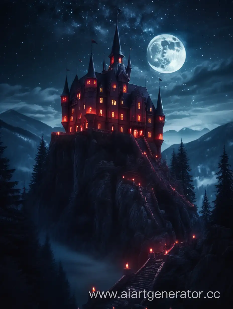 Vampire castle on the mountain at night around the dark forest, stars in the sky, and demons flying