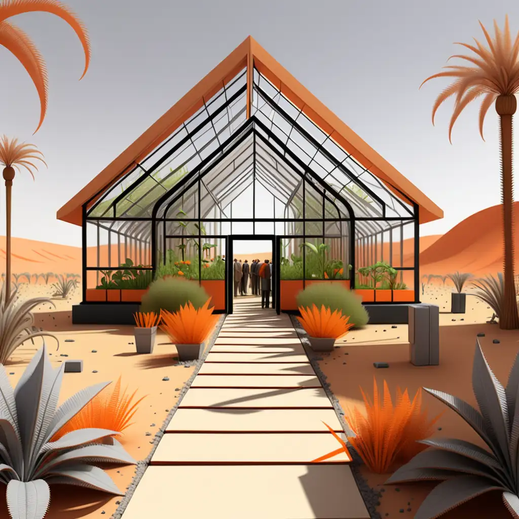  a natural ecosystem from the sahara desert terrain including an oasis. The greenhouse is permeable and built of wood with equilateral gable-shaped structural frames. It Is located in the sahara desert. Crowded. Graphic novel style, in black, gray, and orange. Holding a lecture and dinner with people.
have a good emphasis on foreground, mid ground, and background, using paths, built as an elongated gable, in the style of orange, plants n futuristic modern, drawing, 8k
water feature. people attending a lecture.


