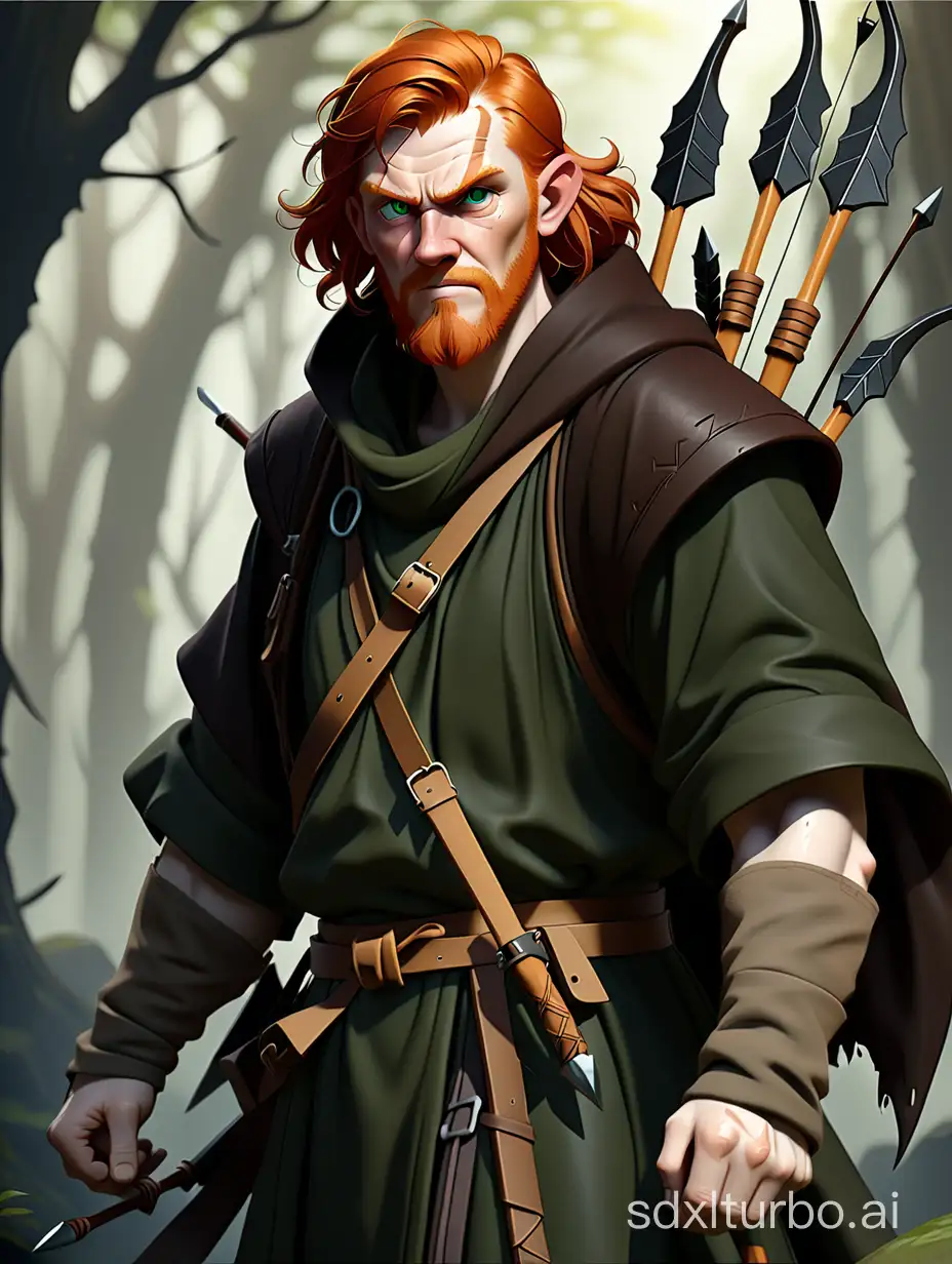 Ranger monk dnd old scarred man dark robes hunter ginger hair and beard bow arrows pixiv realistic traveler shadows misty