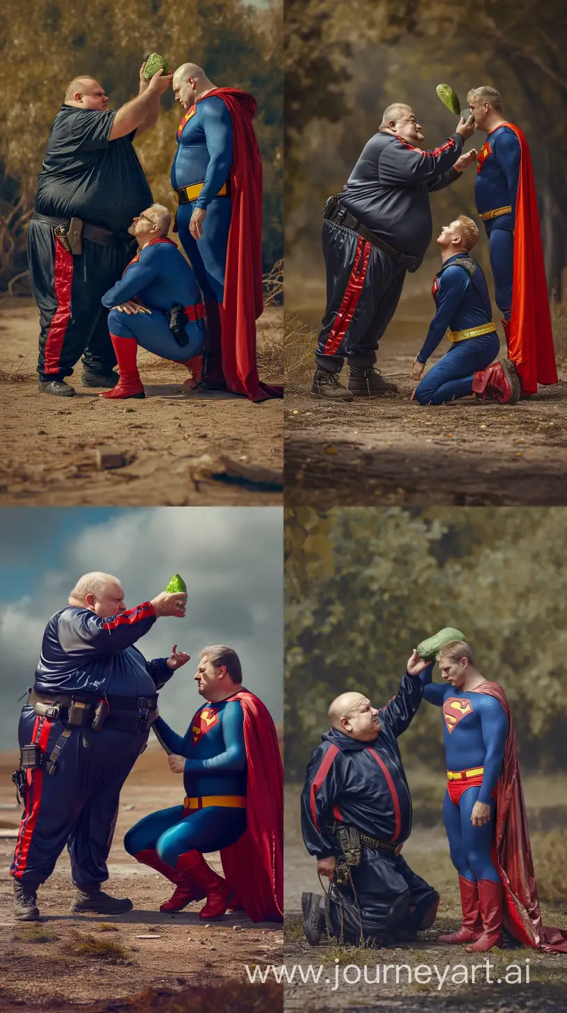 Elderly-Superhero-Bestows-Emerald-Power-to-Kneeling-Companion