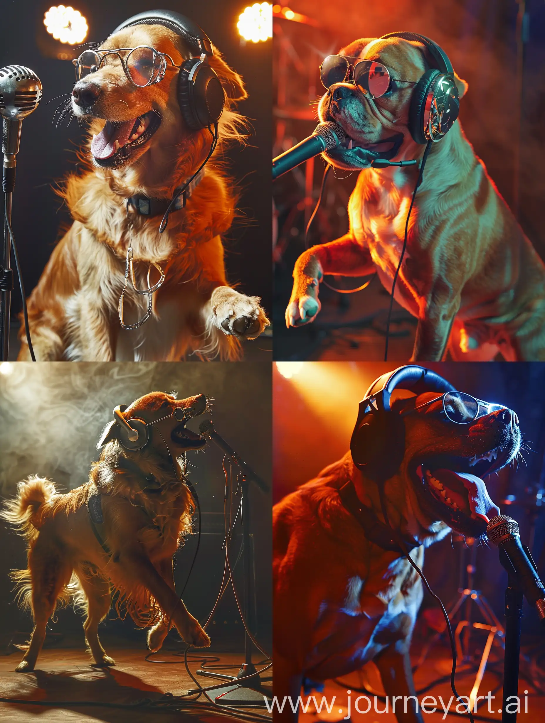 一条狗，带着耳机，拿着话筒，一边唱歌一边跳舞，全身照，逼真，舞台灯光，金属眼镜