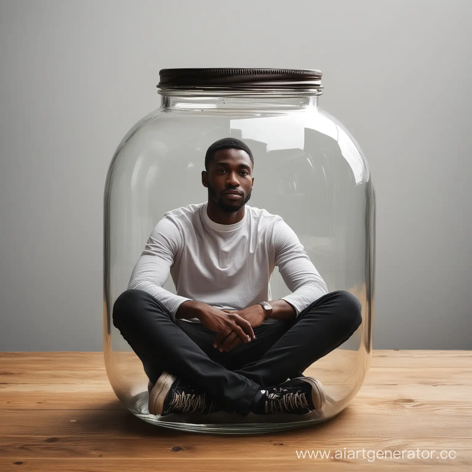 Black man sit in the glass jar