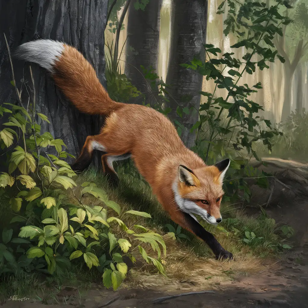  illustration,
Ein schlauer Rotfuchs huscht geschickt durch das Unterholz eines europäischen Waldes, seine flinke Bewegungen sind kaum zu sehen.