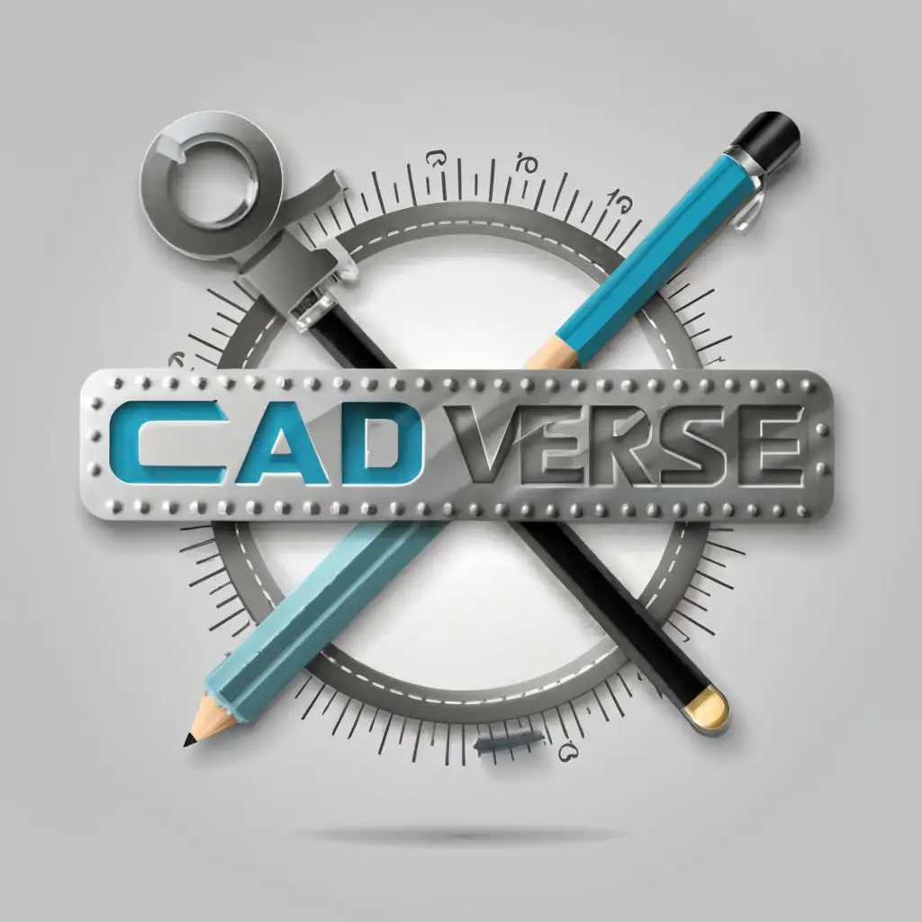 logo, CV in silver blue metal with pencil scale protractor tape rounder, with the text "CAD VERSE", typography, be used in Education industry