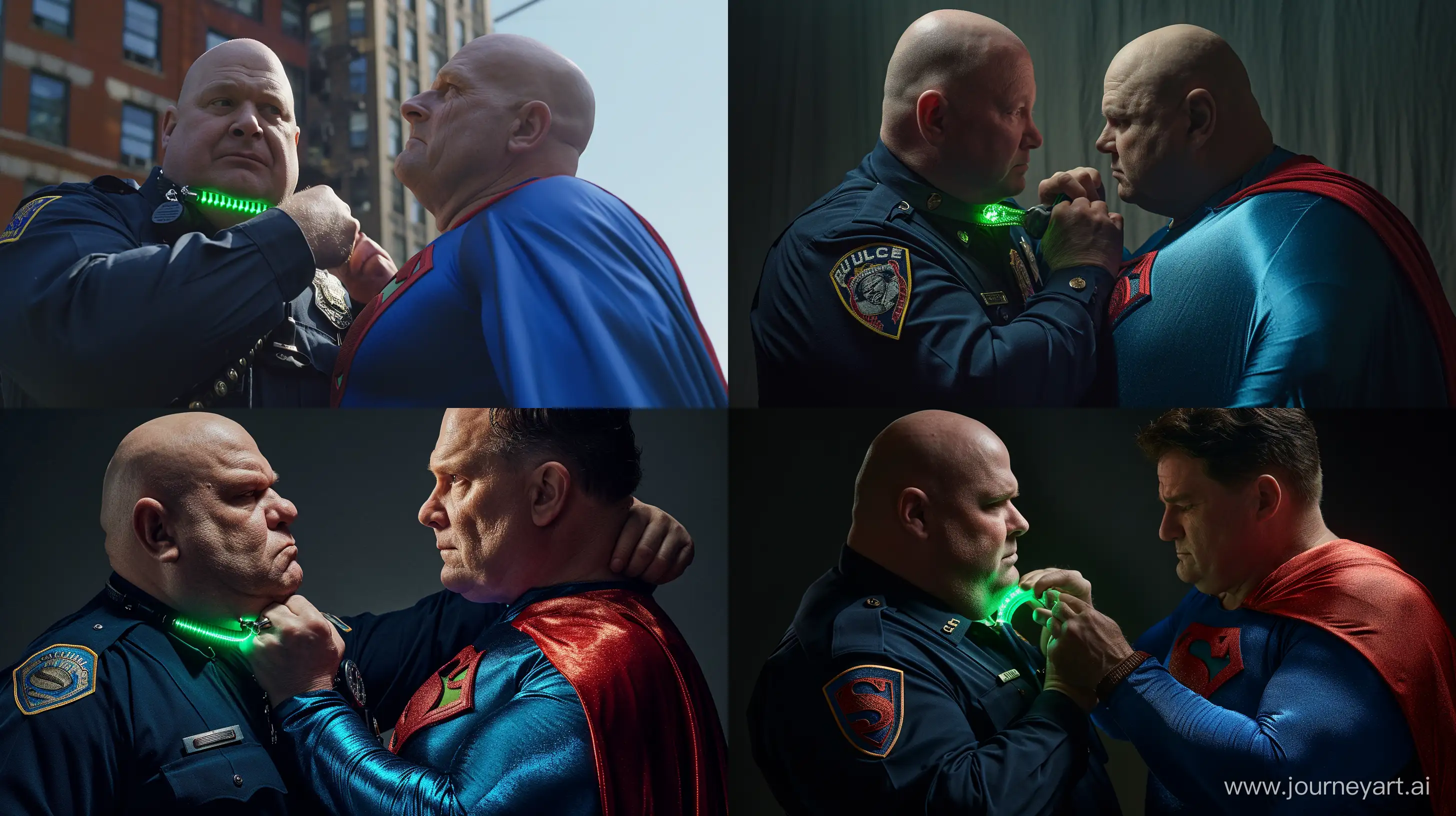 Chubby-Policeman-Fastening-Glowing-Dog-Collar-on-Superman