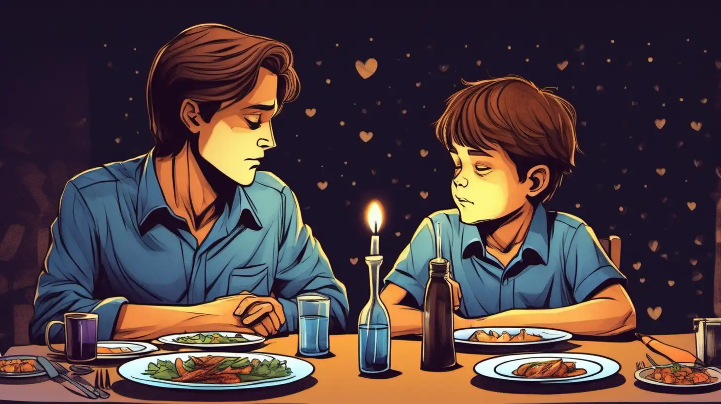 illustrate A ten years old brown hair  blue shirt sad boy sitting dinner table and his father holding him with love. nighther