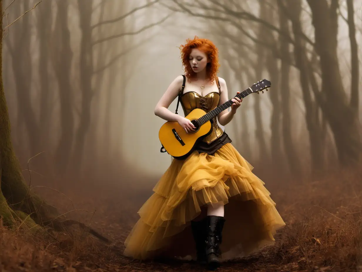 girl in gold/ochre corset and steam punk gold/ochre skirt. playing guitar. Walking through a misty forest. She has ginger hair
