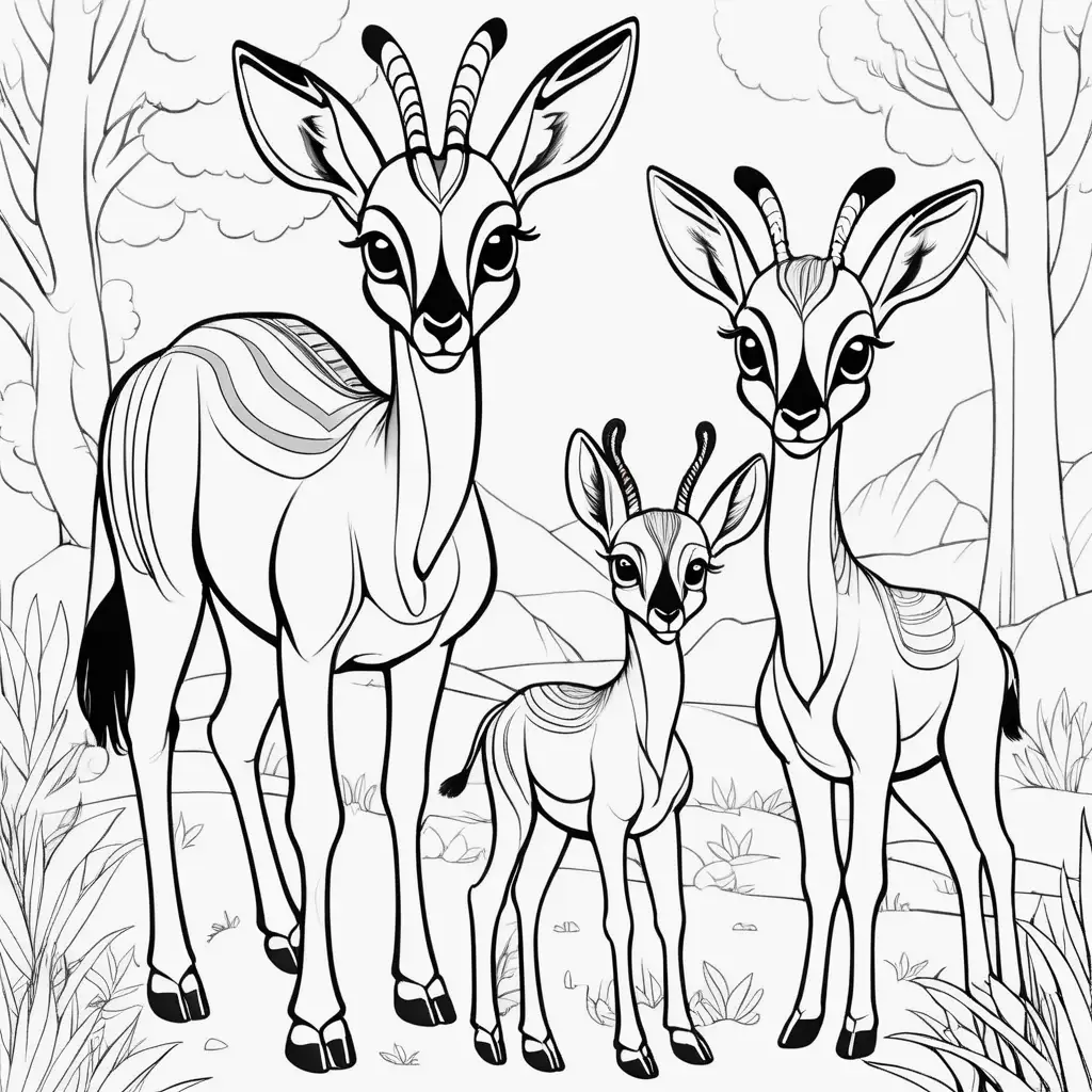 Create a coloring book page featuring adorable antelope baby animals with their parents. The image should have bold, clear lines suitable for coloring. Focus on cartoon depictions of the animals, but add a fun twist by giving each animal a gentle, smiling face to make them more appealing and friendly. The main subjects, the parents and baby animal, should dominate the image, with only a minimal background to avoid cluttering the scene. The backgrounds should be simple and lightly sketched, allowing the main figures to stand out. Ensure the animals are engaging and the scenes evoke a sense of warmth and family connection. Not too much detail on the animals and no shading.