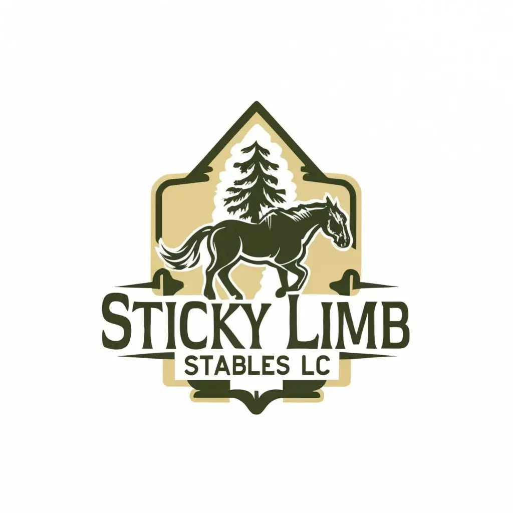 logo, horse, pine tree, with the text "Sticky Limb Stables, LLC", typography, be used in Animals Pets industry